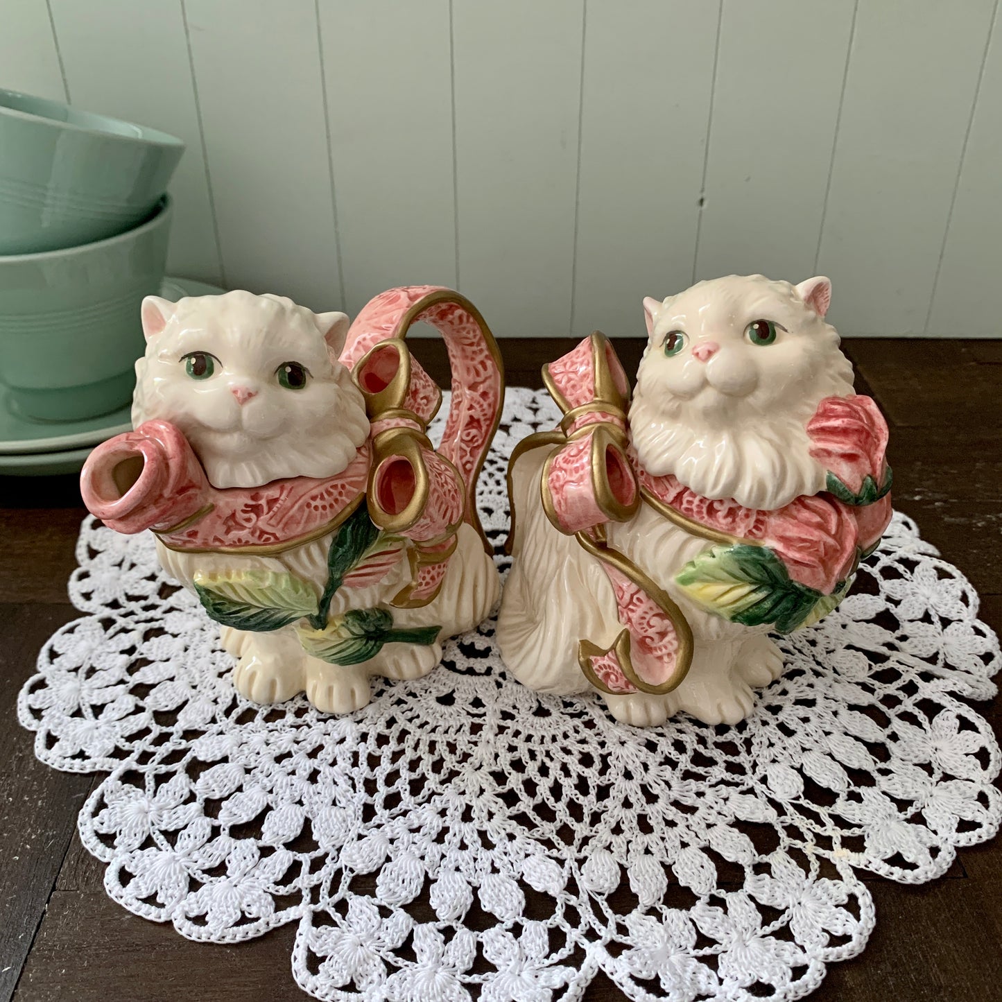 Fitz and Floyd ◇ Kittens & Roses Creamer Sugar Set